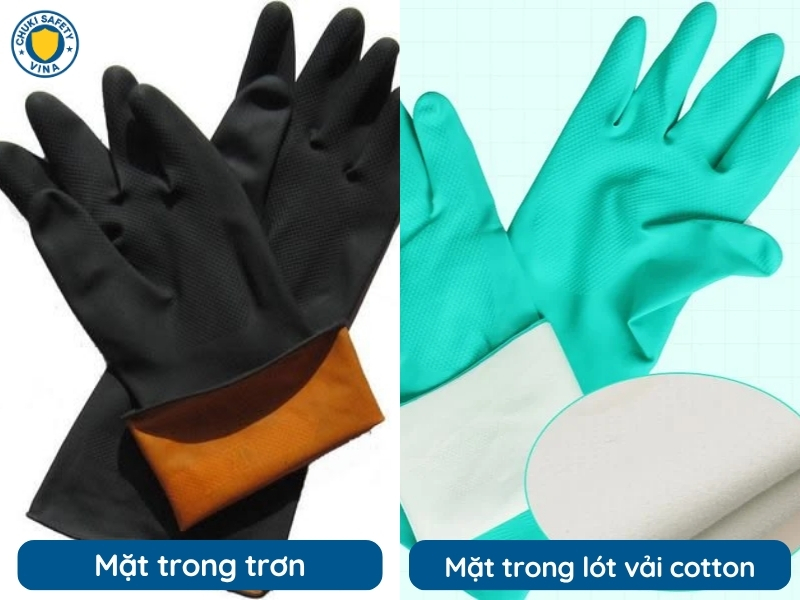 Găng tay chống hóa chất: Dạng mặt trong trơn và mặt trong có lót vải cotton